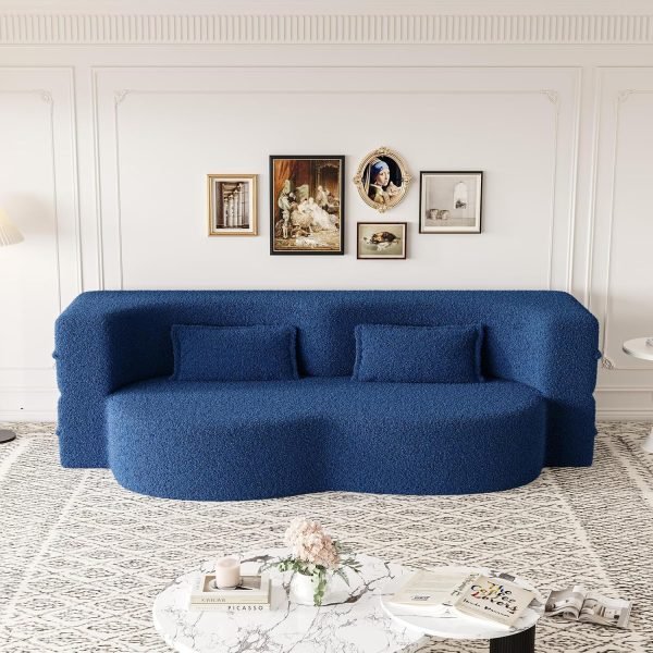 78"W Convertible Folding Sofa Bed, Teddy Full Size Futon Loveseat Sleeper Couch Bed with Pillows, Lounge Floor Sofa Folding Mattress, Compression Foam Boneless Couch for Living...