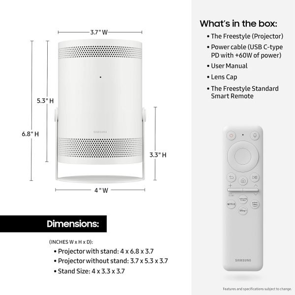 While Stocks Last:SAMSUNG 30" - 100" The Freestyle FHD HDR Smart Portable Projector for Indoor and Outdoor Home Theater, Big Screen Experience with Premium 360 Sound w/ Alexa...